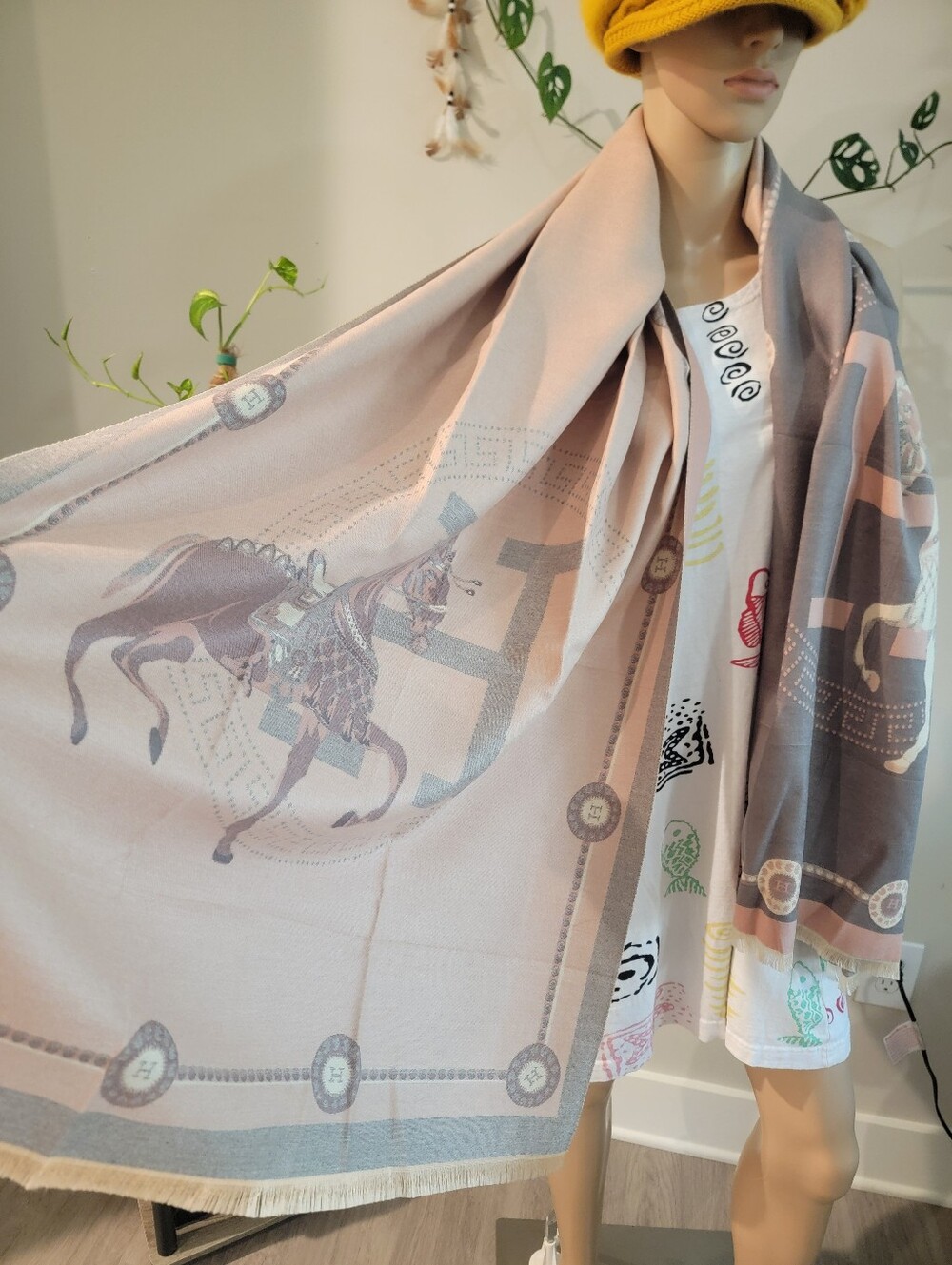 Elegant Equestrian Patterned Shawl Wrap Scarf Open Poncho Cape